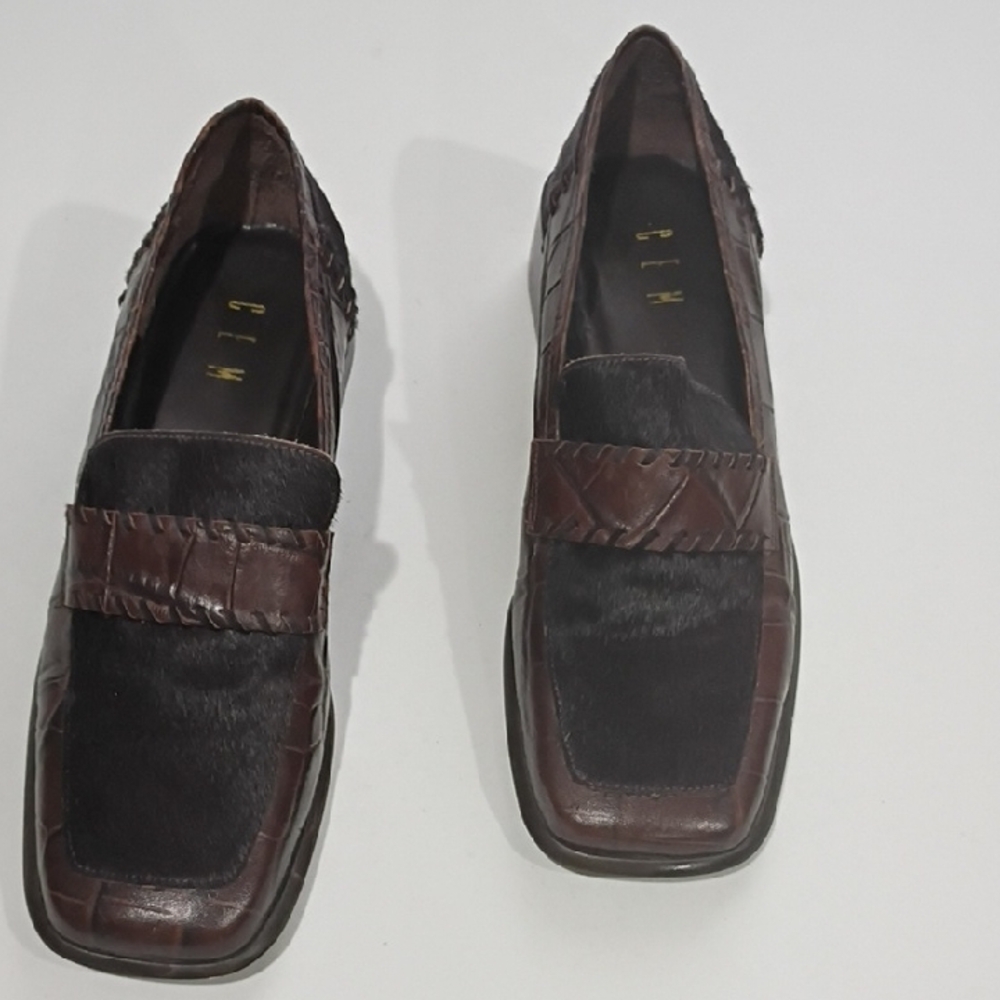 CEM Elegant Brown Leather Loafers with Faux Croc and Calf Hair Square Toe Sz 10M - Picture 3 of 16